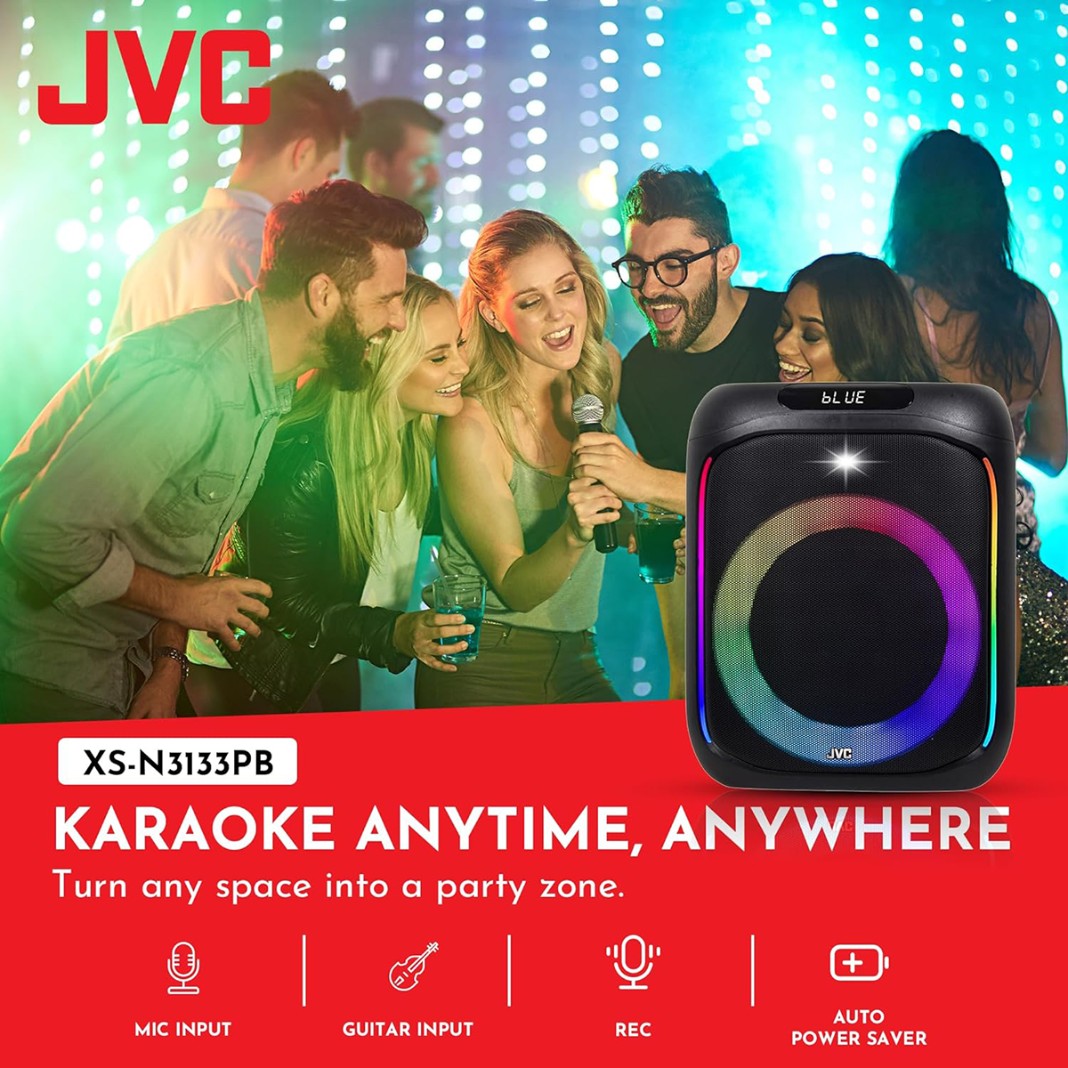 JVC Portable Bluetooth Speaker | 6.5 Inch Mini Karaoke Machine | FM Radio, USB, AUX, TF Card | 3600 mAh Rechargeable Battery | TWS & Record Function | Rolling LED Light Party Speaker (XS-N3133PB)