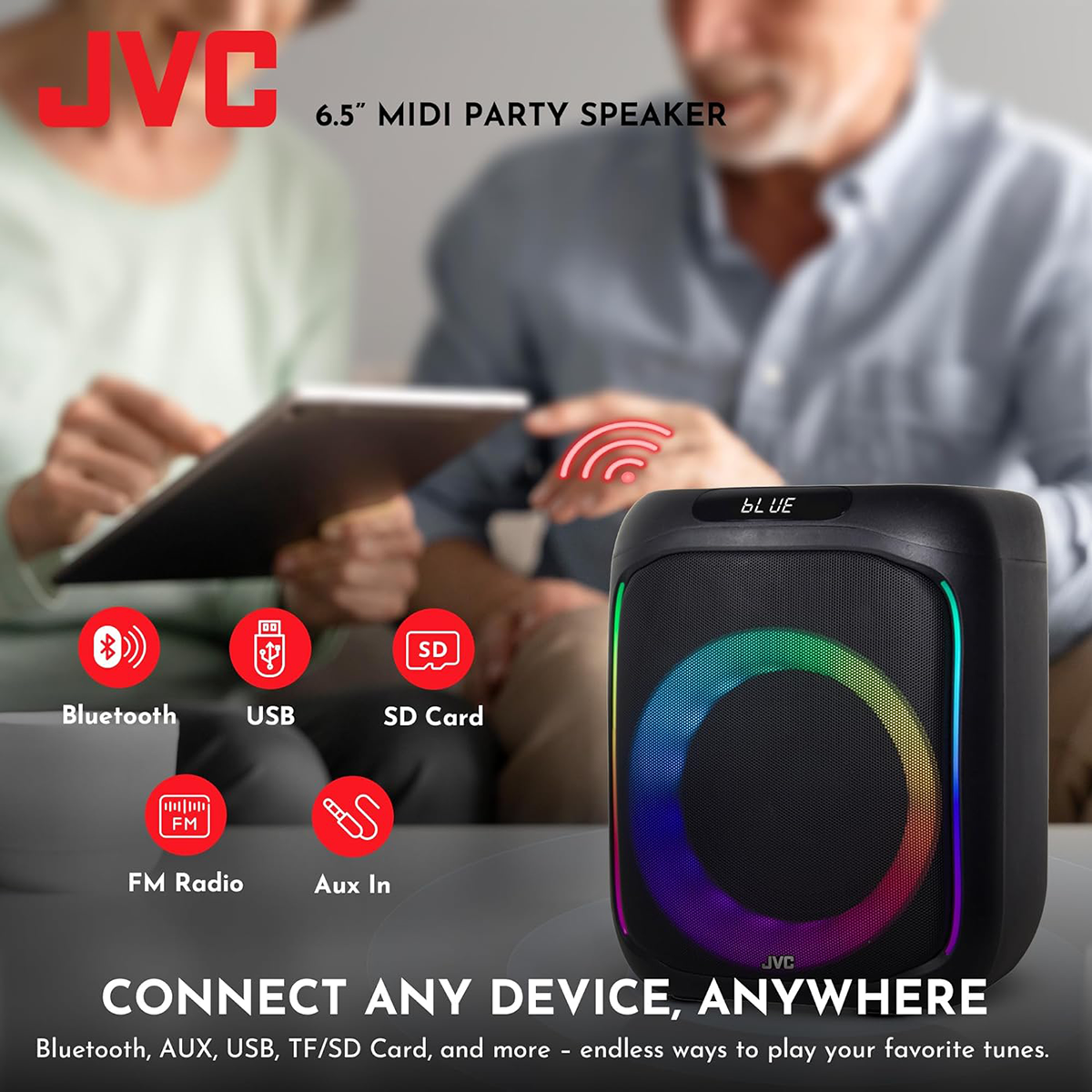JVC Portable Bluetooth Speaker | 6.5 Inch Mini Karaoke Machine | FM Radio, USB, AUX, TF Card | 3600 mAh Rechargeable Battery | TWS & Record Function | Rolling LED Light Party Speaker (XS-N3133PB)