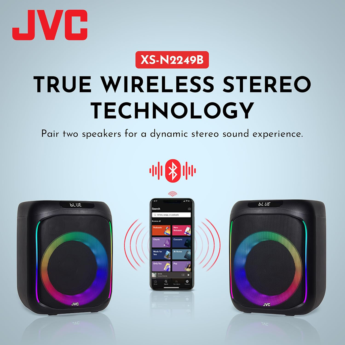 JVC Portable Bluetooth Speaker | 6.5 Inch Mini Karaoke Machine | FM Radio, USB, AUX, TF Card | 3600 mAh Rechargeable Battery | TWS & Record Function | Rolling LED Light Party Speaker (XS-N3133PB)