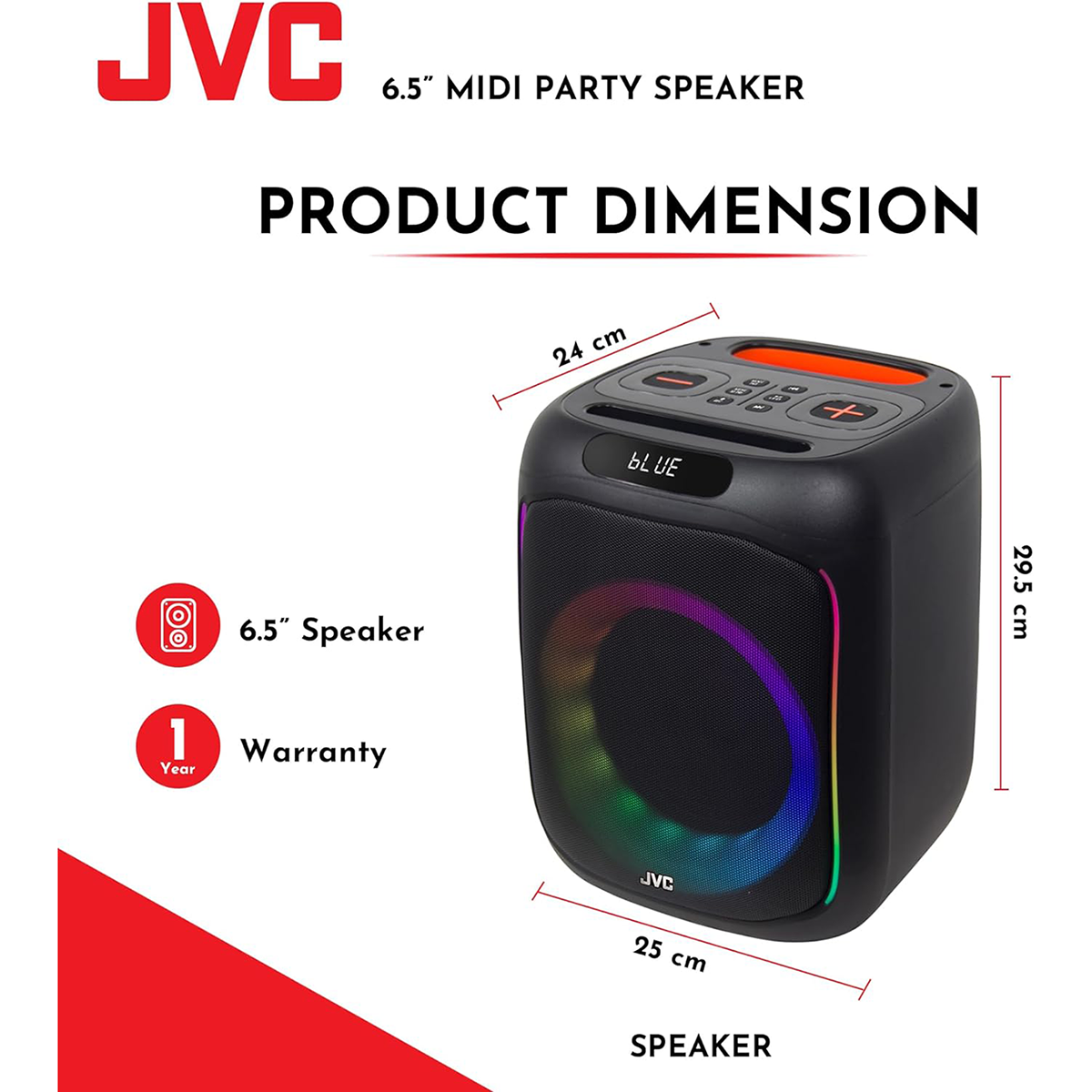 JVC Portable Bluetooth Speaker | 6.5 Inch Mini Karaoke Machine | FM Radio, USB, AUX, TF Card | 3600 mAh Rechargeable Battery | TWS & Record Function | Rolling LED Light Party Speaker (XS-N3133PB)