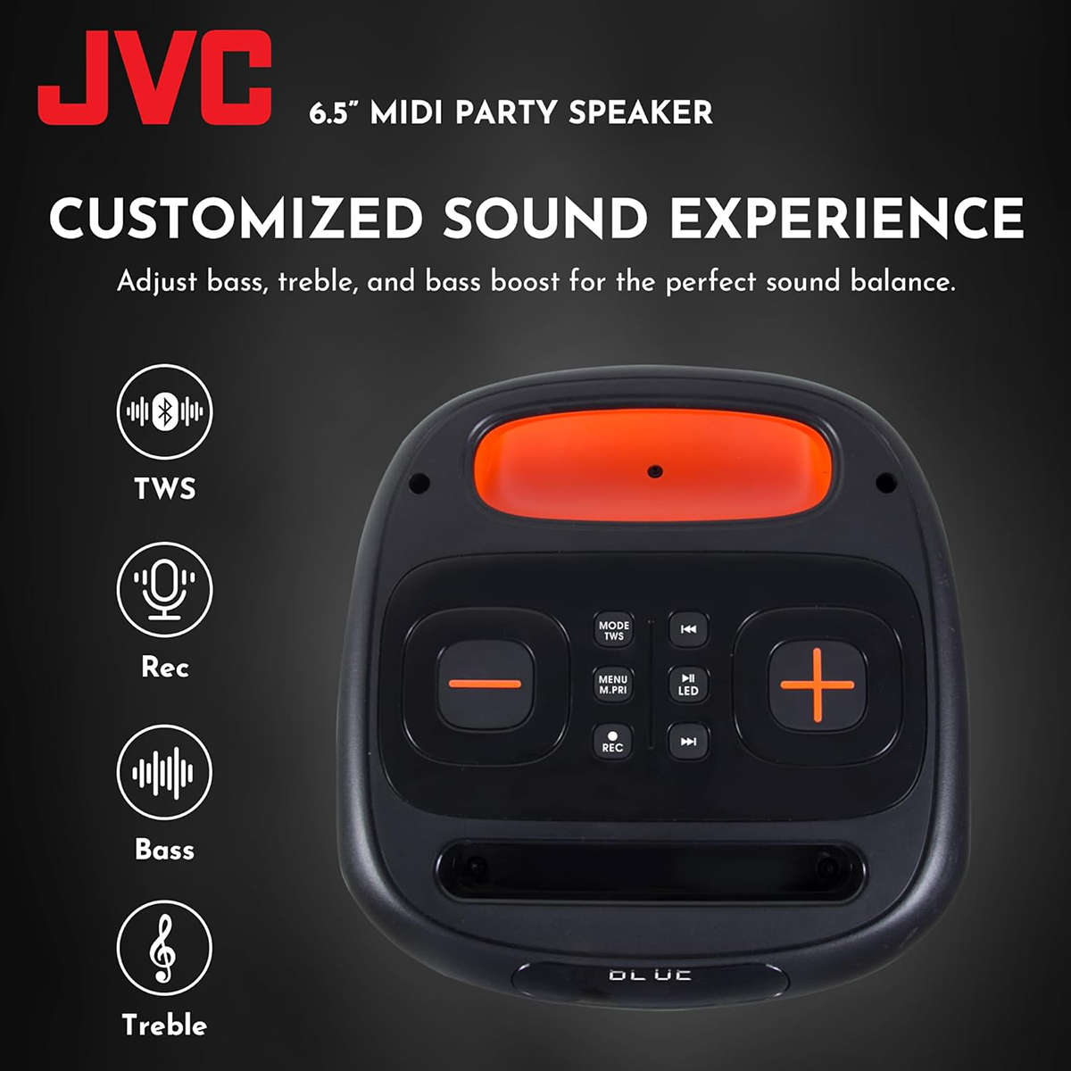 JVC Portable Bluetooth Speaker | 6.5 Inch Mini Karaoke Machine | FM Radio, USB, AUX, TF Card | 3600 mAh Rechargeable Battery | TWS & Record Function | Rolling LED Light Party Speaker (XS-N3133PB)