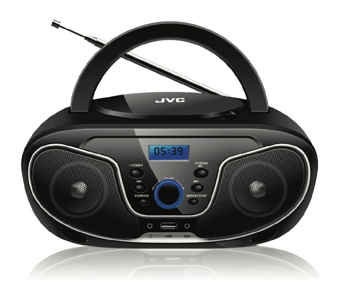 Black JVC radio and CD player on a white background