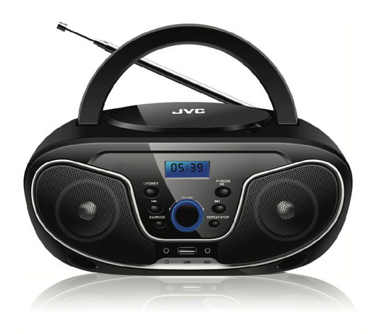 Black JVC radio and CD player on a white background